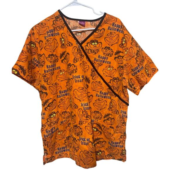Women's Disney Scrub Top XL Cheshire Cat Alice in Wonderland Halloween Orange - Picture 1 of 5